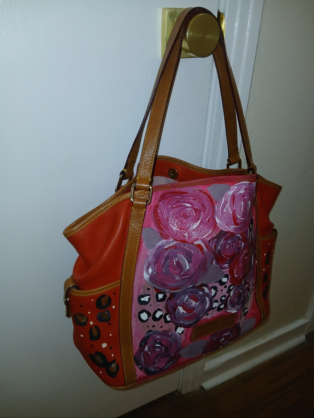 Dooney & Bourke Artist Hand-Painted Floral Tote Bag with Tan Trim - Picture 2 of 12